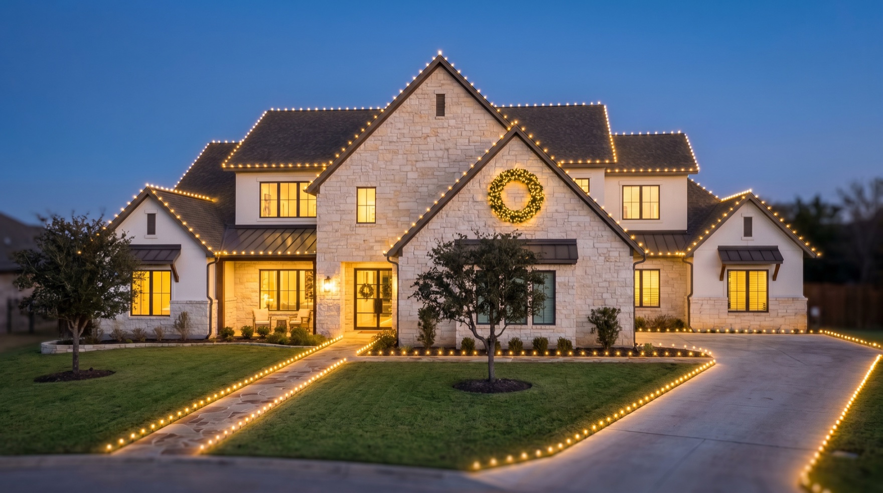 The same Austin home at dusk with a full warm-white holiday lighting display