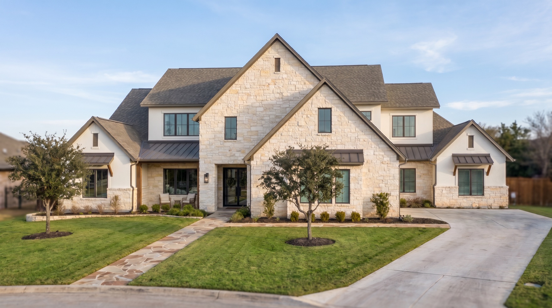 A limestone Austin home in clear daylight, before lighting
