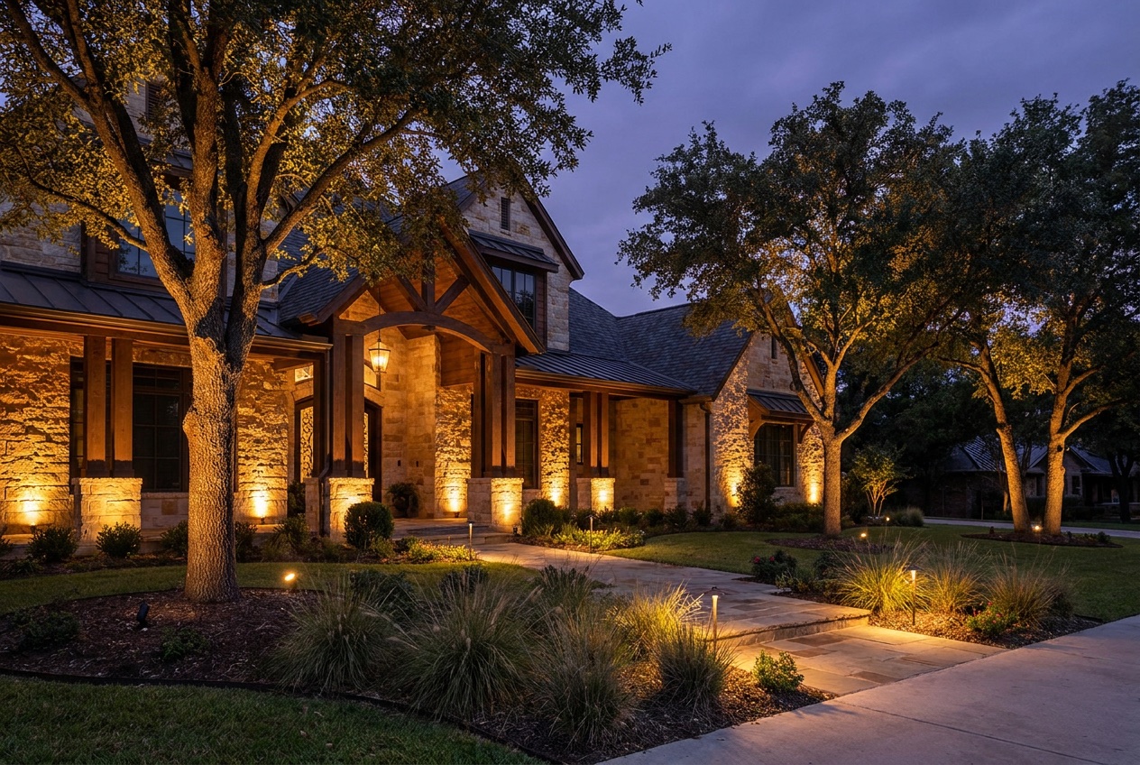 Austin ranch yard with warm uplighting on two front-yard trees