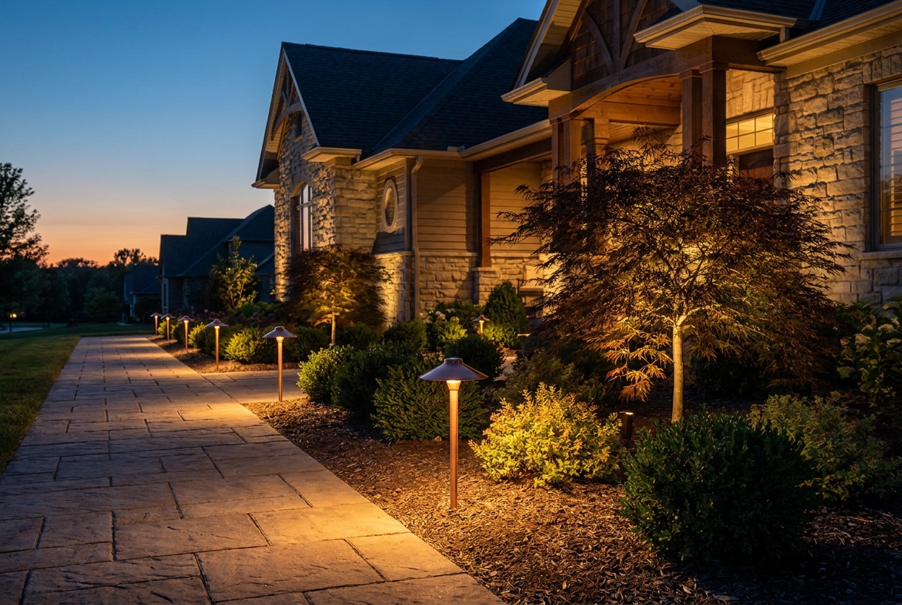 Warm path lights along a garden walkway at an Austin home