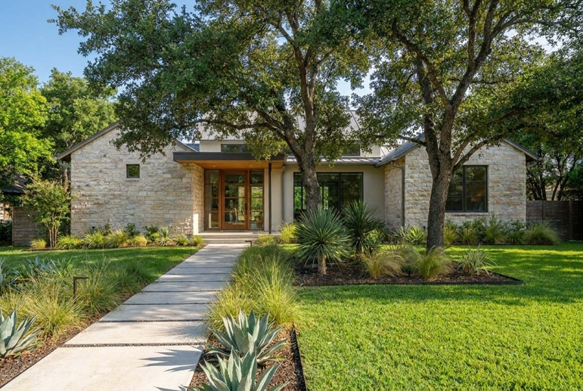 The same Austin home and yard in clear daylight, before landscape lighting