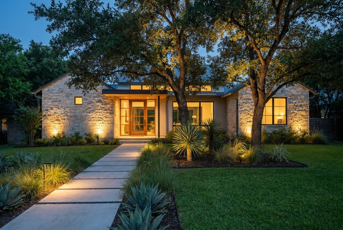 Warm ground-level uplighting washing up the facade and trees of an Austin home at dusk, with soft path lights along the walkway
