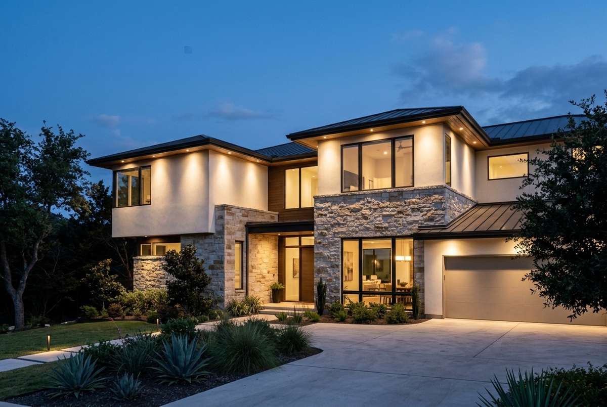 A two-story Austin home with eave-mounted permanent LED washing warm light down the walls