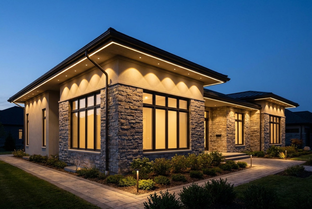 Eave-mounted permanent LED washing warm light down the stone facade at night