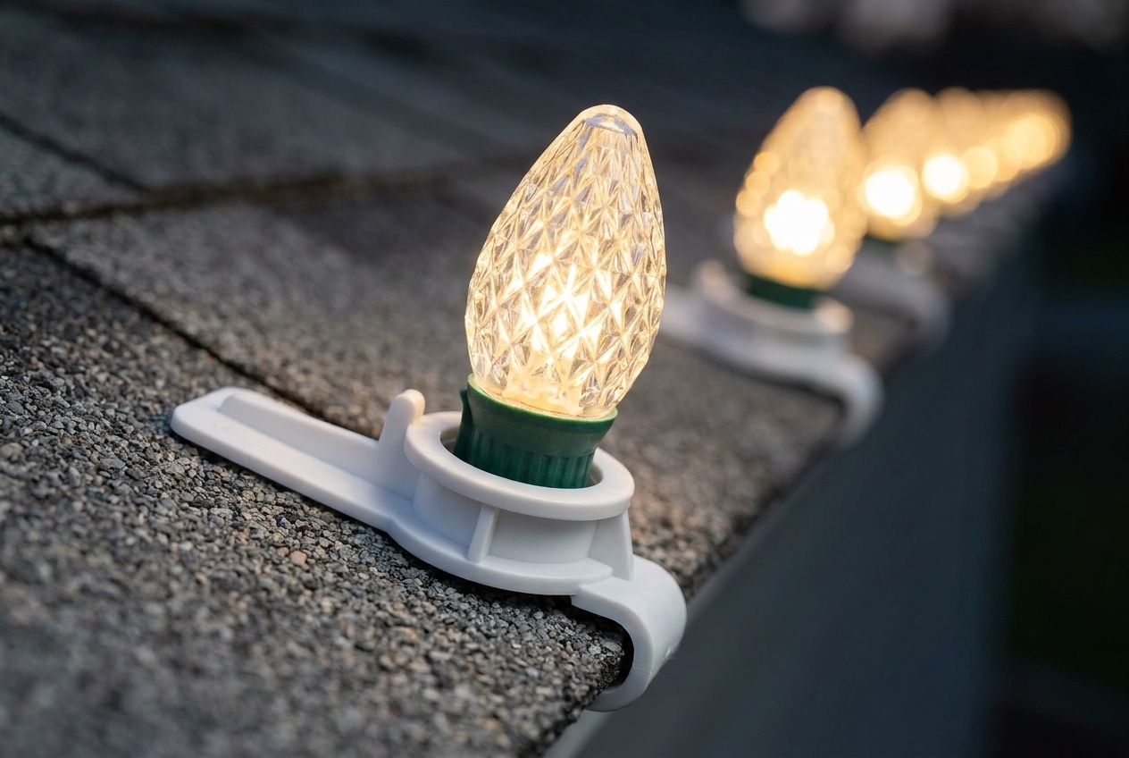 A close-up of a warm-white commercial C9 bulb seated in a white all-in-one roof clip along the shingle line