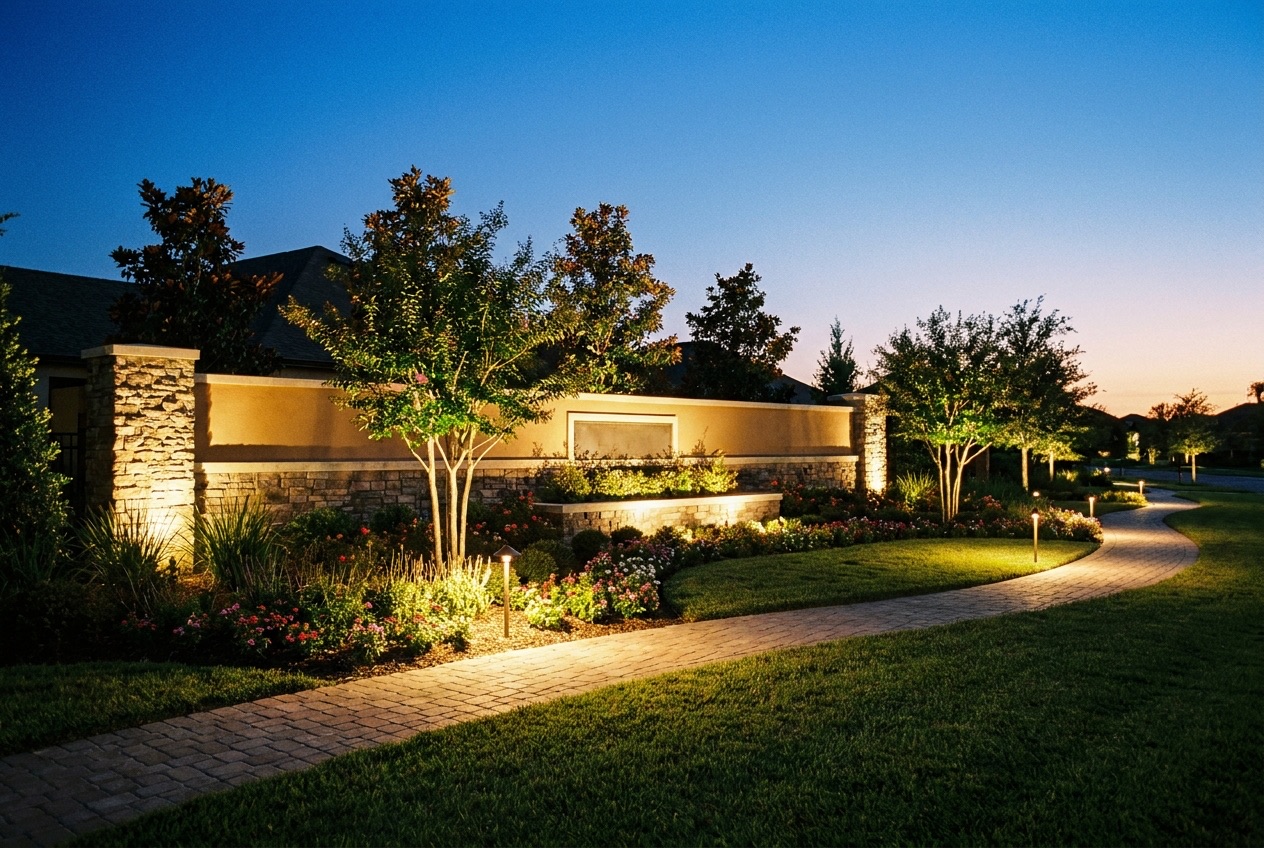 An upscale neighborhood HOA stone entrance at dusk with warm landscape uplighting, lit trees, and a softly lit walkway