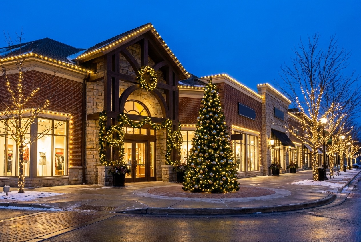 An Austin retail storefront and shopping center at dusk decorated for Christmas with warm string lights, garland, a lit wreath, and a large decorated tree out front