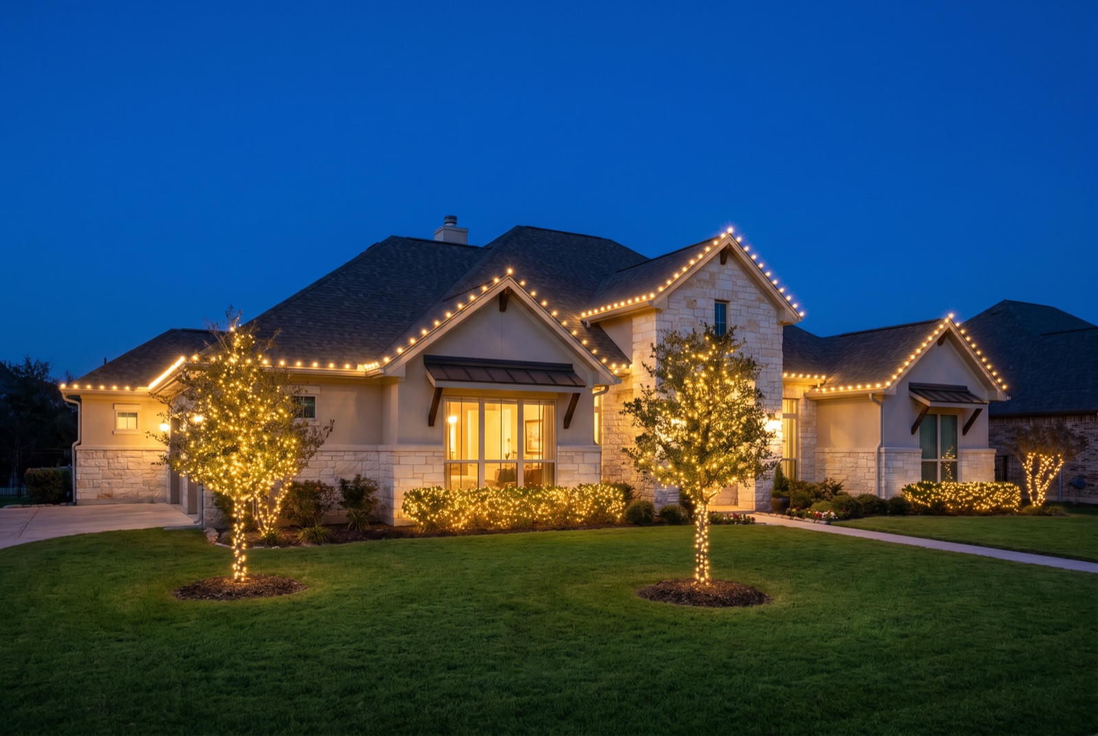 Single-story Austin home with warm-white roofline and two wrapped front-yard trees