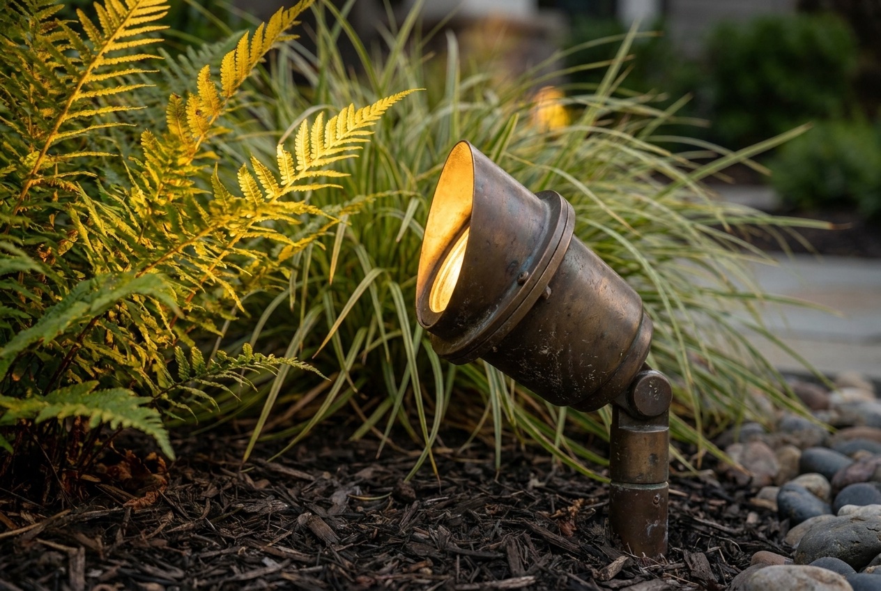 A close-up of a solid-brass uplight fixture set low in a garden bed