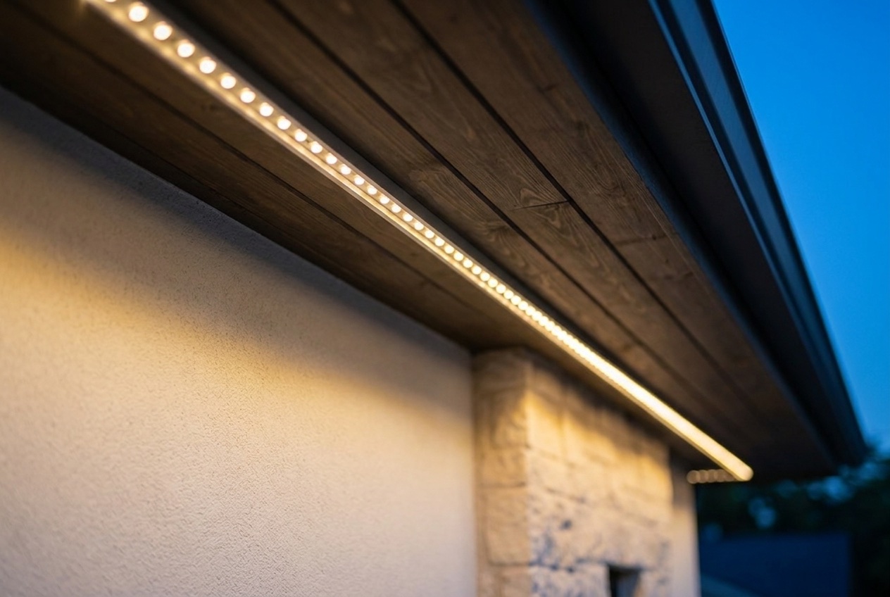 A close-up of the slim LED pebble track tucked under the eave, each point a small individual pixel