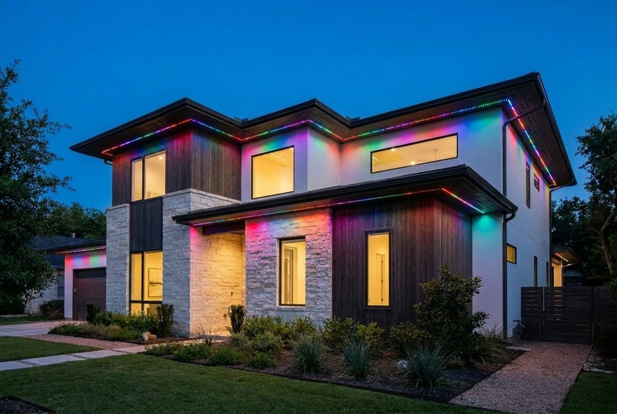 The same Austin home with the under-eave LED points running full color for a holiday