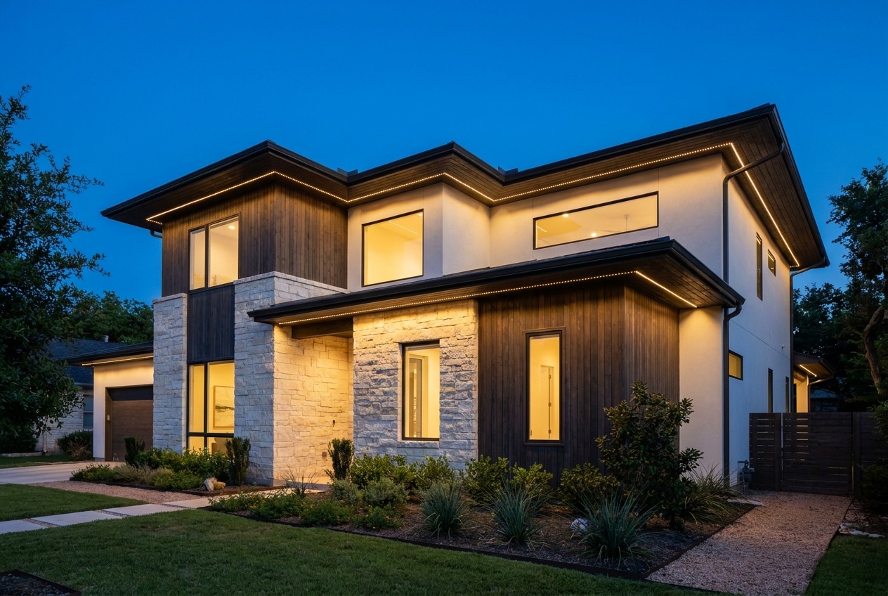 The same Austin home at dusk, evenly-spaced warm-white LED points tracing the eaves like clean under-eave downlighting